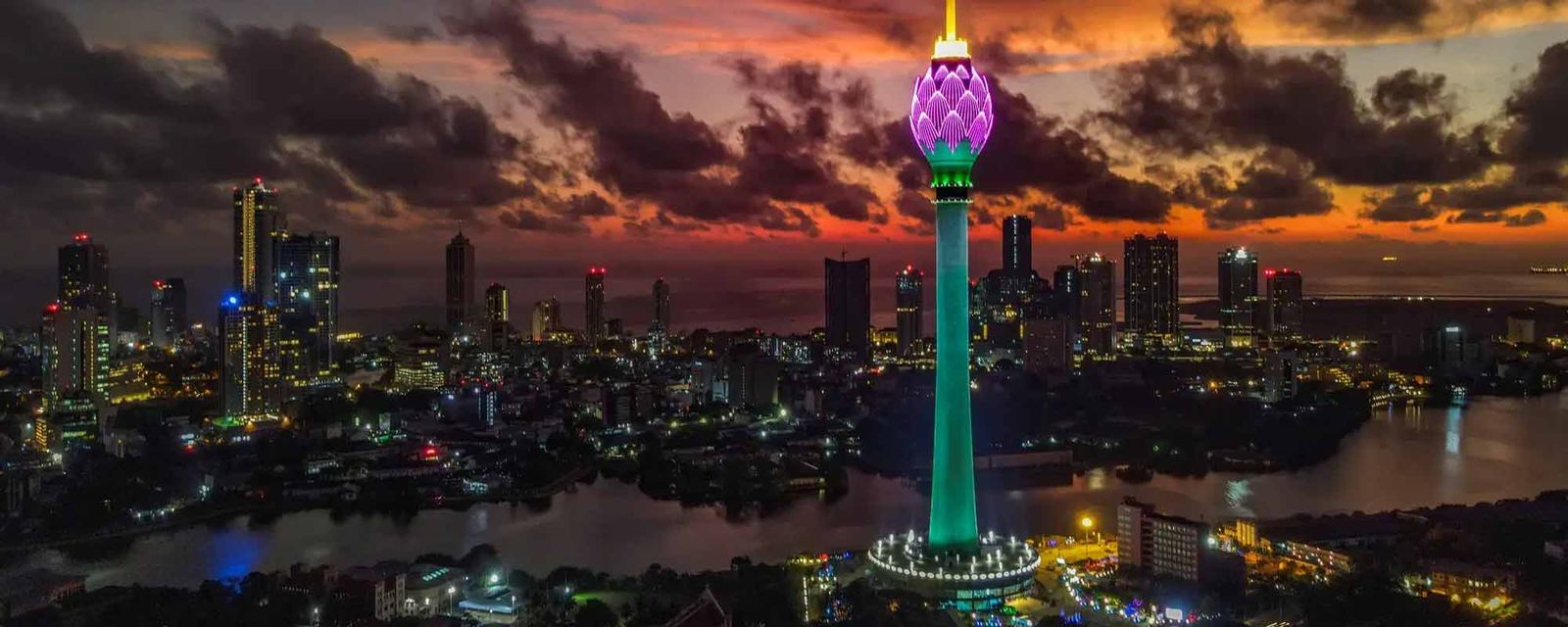 Colombo skyline at dusk with the Lotus Tower lit up